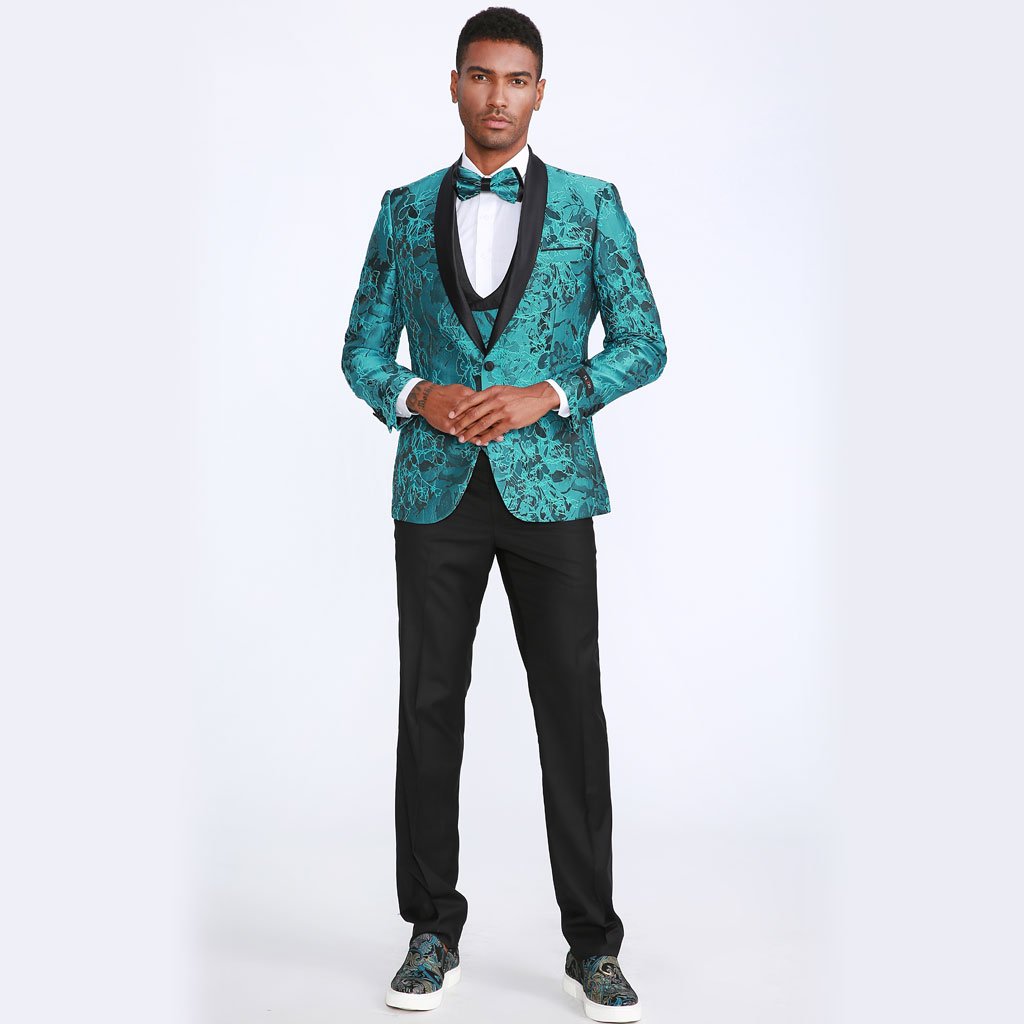 [DISCOUNTED] Turquoise Tuxedo with Floral Pattern Four Piece Set - Limited Sizes