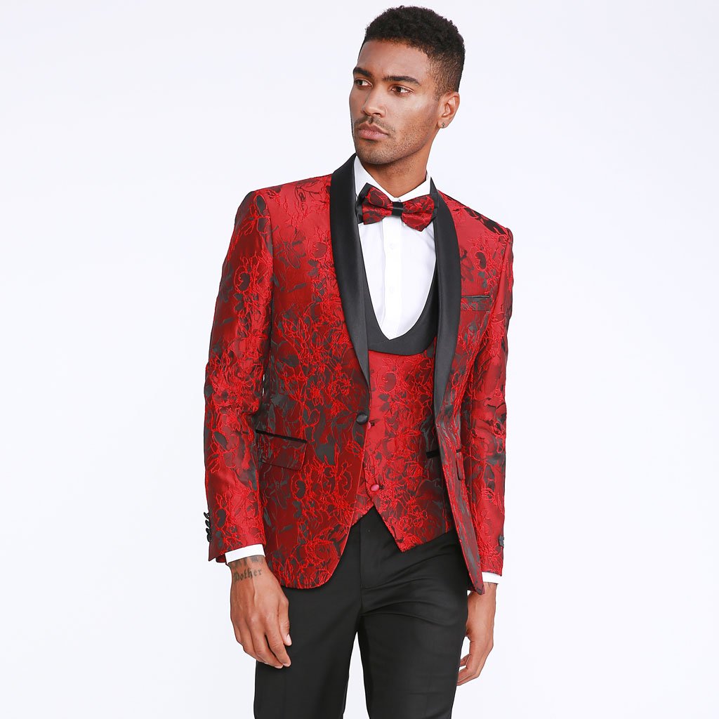 [DISCOUNTED] Red Tuxedo with Floral Pattern Four Piece Set - Limited Sizes