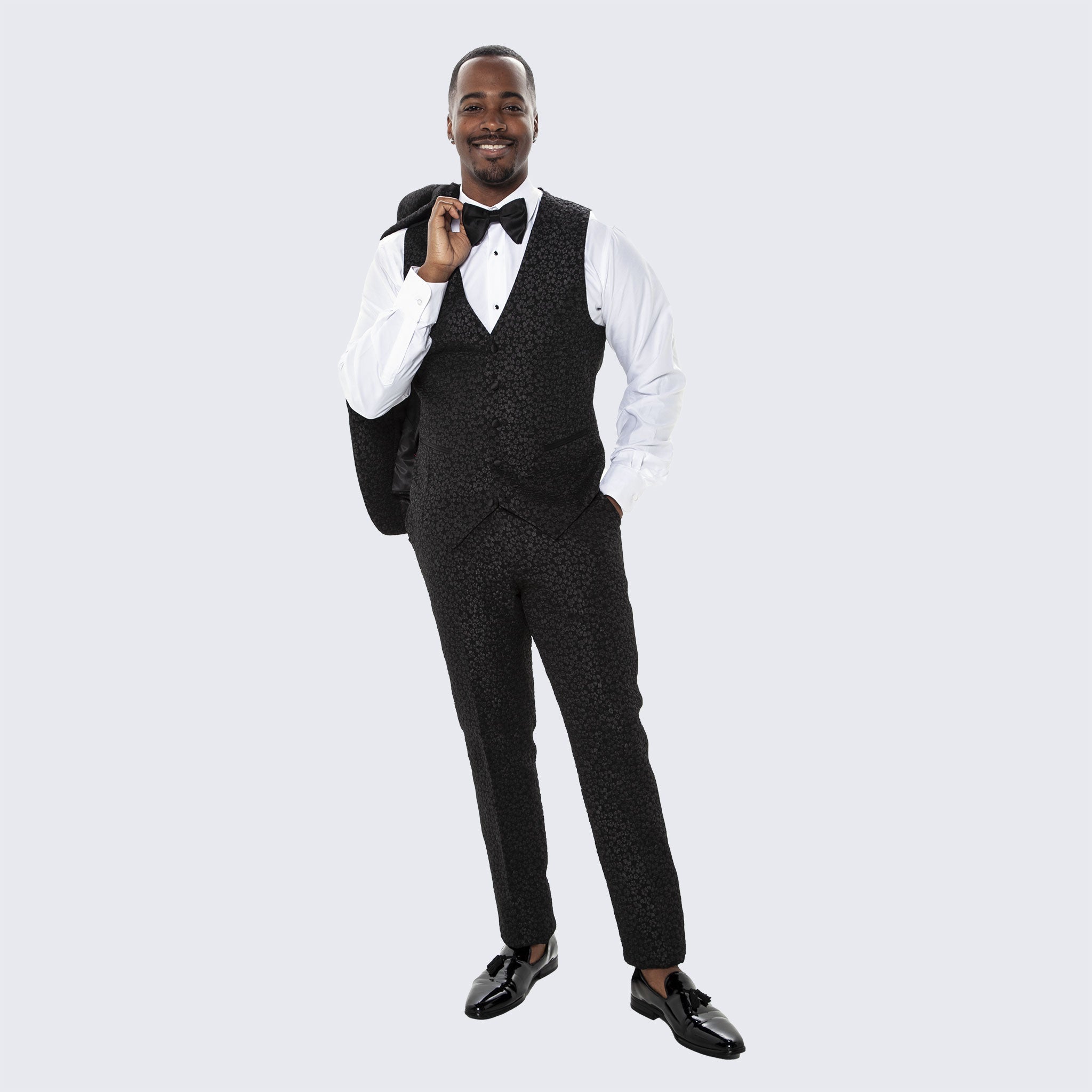 Men's Black Tuxedo with Floral Design Three Piece Set- Wedding - Prom
