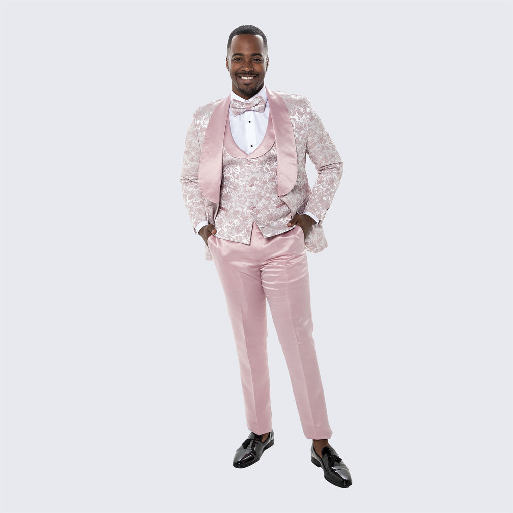 [DISCOUNTED] Men's Blush Pink Tuxedo with Floral Design Four Piece Set - Limited Sizes