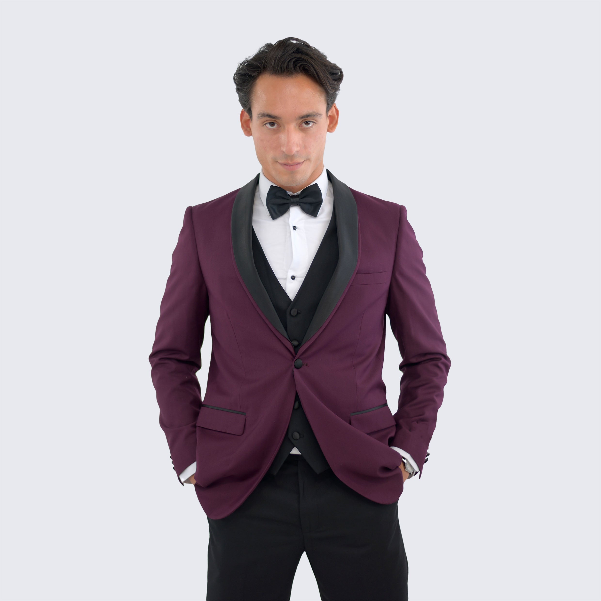 [DISCOUNTED] Burgundy Tuxedo with Black Shawl Lapel Slim Fit - Limited Sizes