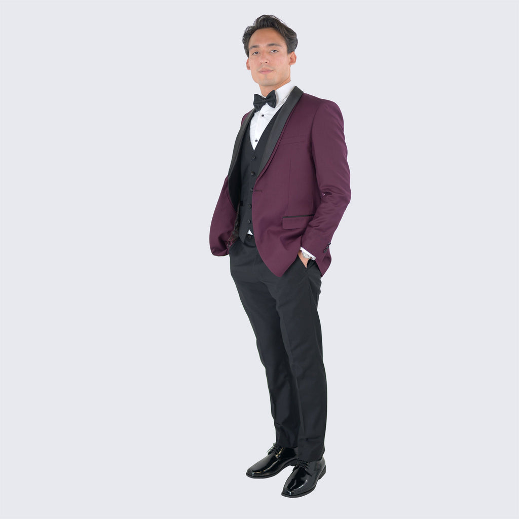 [DISCOUNTED] Burgundy Tuxedo with Black Shawl Lapel Slim Fit - Limited Sizes