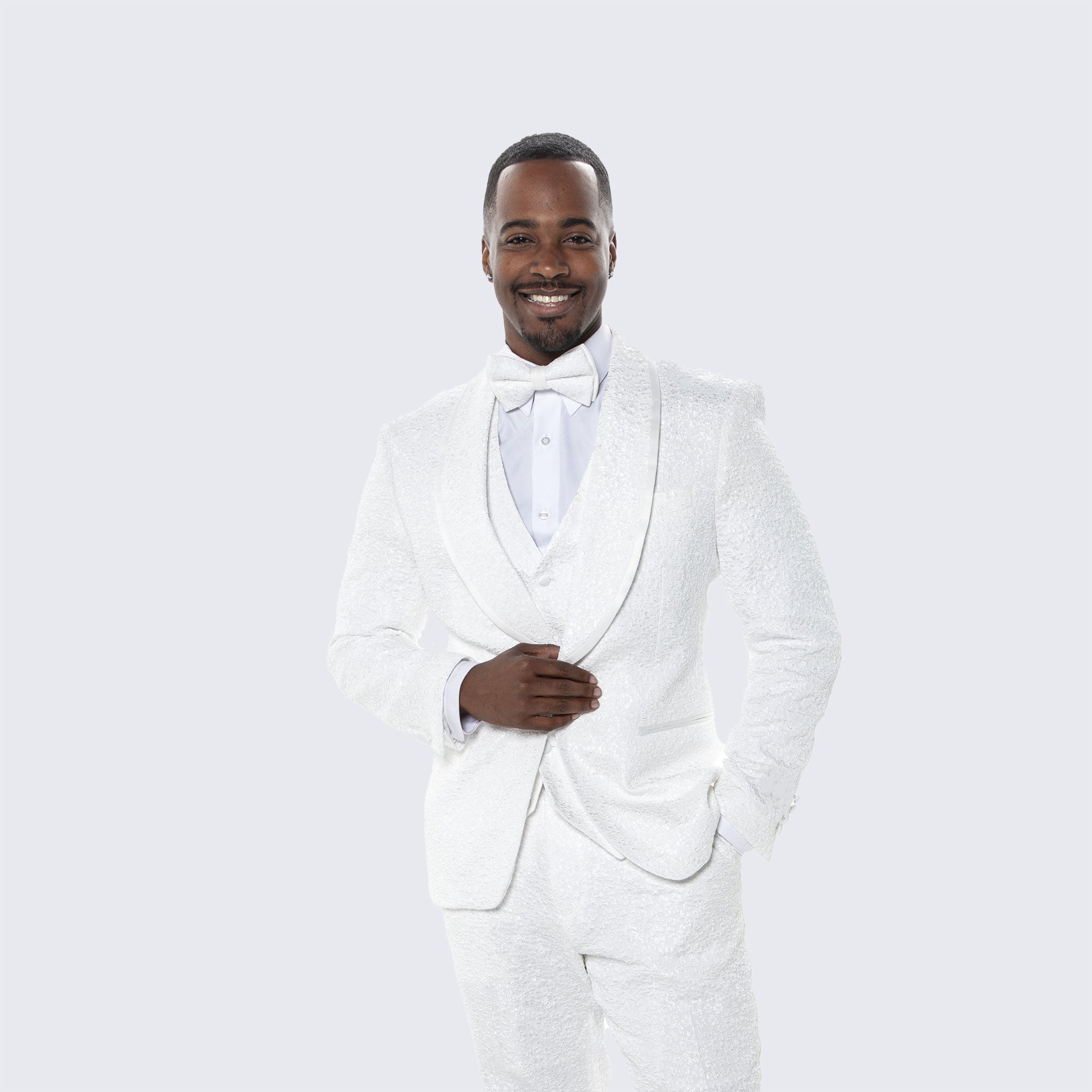[DISCOUNTED] Men's White Tuxedo with Floral Design Three Piece Set - Limited Sizes
